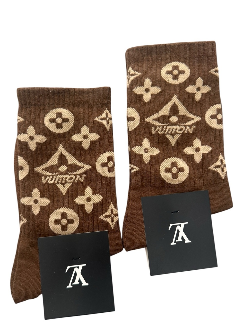 2 Pair Louis Vuitton Outlet Monogram Black & Beige Men's Socks